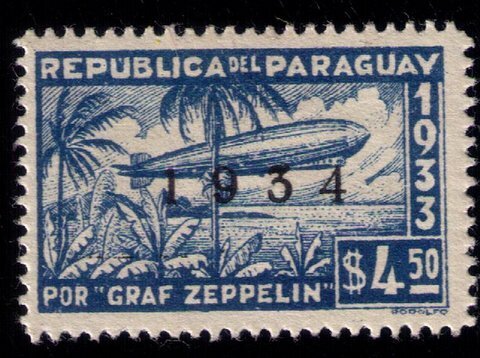 Paraguay Sc #C88 MNH ZEPPELIN STAMP 1934 OVERPRINT IN BLACK VERY FINE