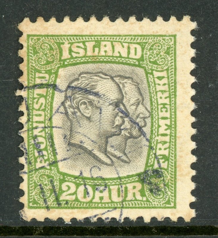 Iceland 1907 Two Kings Official 16a Yel Grn & Gray Perf 13 Scott # O37 VFU D590