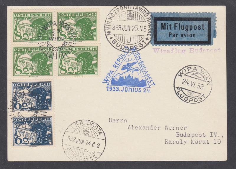 Austria Sc C14, C15 on 1933 WIPA flight card WIEN-BUDAPEST, fresh, clean.