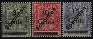 MAURITIUS 1925 Arms Surcharge set 3c on 4c - 15c on 20c, SPECIMEN.