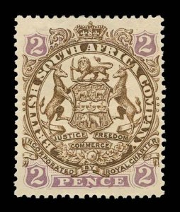 RHODESIA Scott #28 (SG 43) 1896 coat of arms, unused, HR, thinned spots, soiling