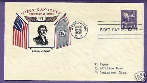807  JEFFERSON 3c 1938, FIDELITY FIRST DAY COVER, ADDR.