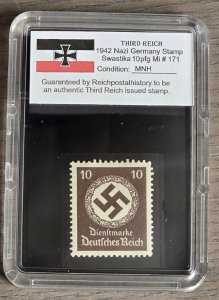 Third Reich WWII Nazi German Swastika NSDAP Stamp w Hard Slab Case 10Pfg Mi# 171