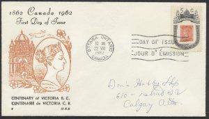 1962 #399 Victoria BC Centenary FDC, H&E Cachet, Ottawa