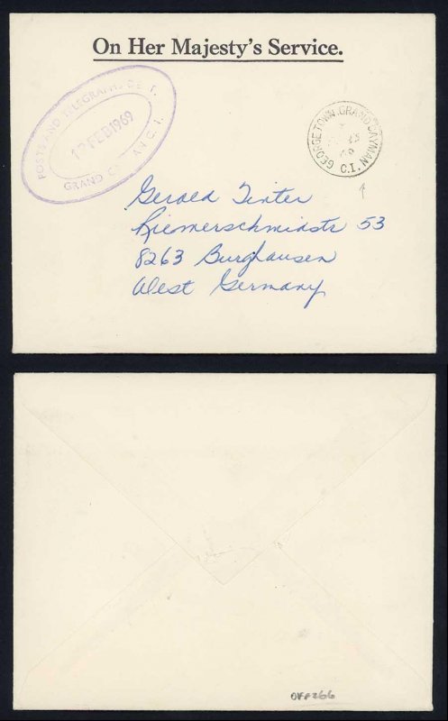 Cayman Islands 1969 stampless OHMS cover to W. Germany GEORGETOWN postmark 