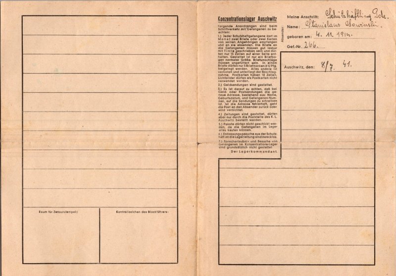 1941 Germany Auschwitz Concentration Camp Cover w ltr Stanislaus Sowinski Low #