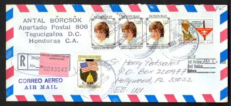 HONDURAS 2000 Reg Cover w PRINCESS DIANA LANDMINE CAMPAIGN Stamps to USA