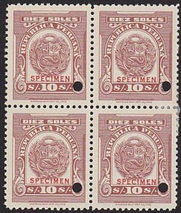 PERU 10s optd SPECIMEN in red + security punch hole block of 4..............7905