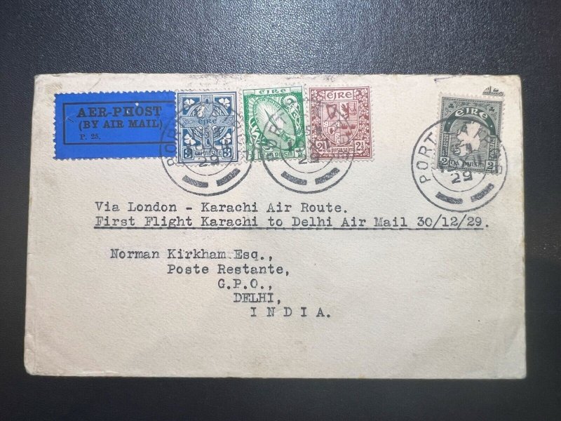 1929 Ireland Airmail First Flight Cover FFC Waterford to Delhi GPO British India