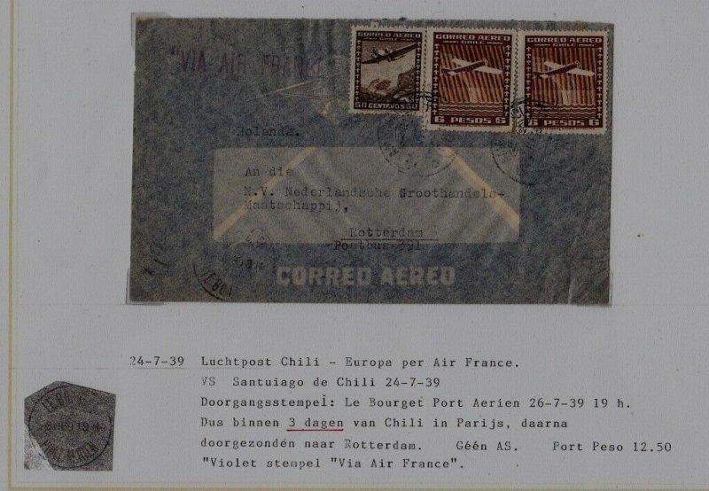 Chile/France/Netherlands airmail cover 24.7.39