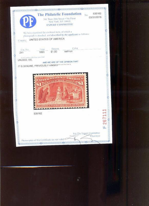 Scott 241 Columbian Hi  Value  Mint Stamp with  PF Cert (Stock 241-pf1)