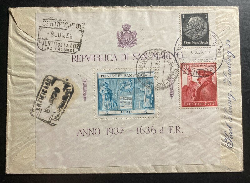 1933 San Marino Graf Zeppelin Mixed Frank Cover to Las Palmas Spain # C11 LZ 127