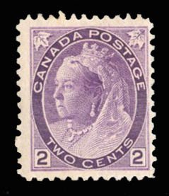 Canada #76 Cat$50, 1898 2c purple, heavy hinge remnant
