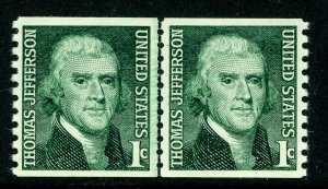 USA 1968 Jefferson 1¢ P10 Vert Coil Line Pair Dark Green Sc 1299 MNH T216