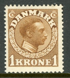 Denmark 1913 Christian X 1 Krone Yellow Brown Perf 14x14½ Scott #132 Mint B311