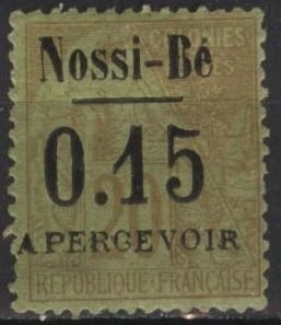 Nossi-Be J14 (mh, dg, toning) 15c on 20c commerce, red on green paper (1891)