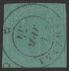 ITALY - SARDINIA 1853 King Embossed 5c blue-green. Sass 4 €2500. Rare genuine..