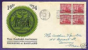 736  MARYLAND 3c BLK/4 1934, ST. MARY'S CITY, LINPRINT(M#14) FIRST DAY C...