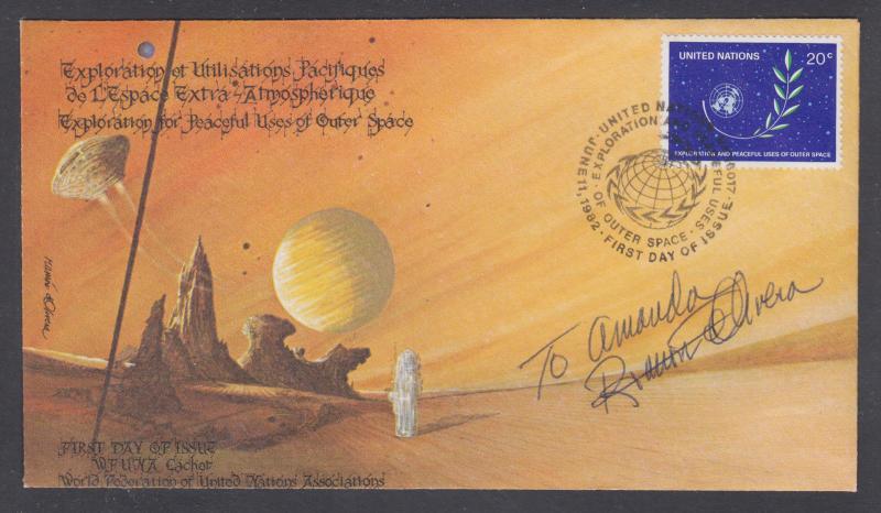 Ramon de Olivera, autographed UN 20c Space FDC bearing his art & calligraphy