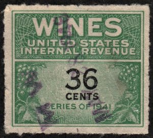 RE135 36¢ Wine Revenue Stamp (1942) Used