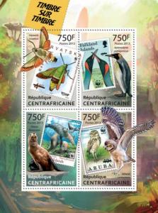 CENTRAFRICAINE 2013 SHEET STAMPS ON STAMPS WILDLIFE OWLS PENGUINS BUTTERFLIES