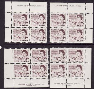 Canada-Sc#454-Unused NH 1c QEII Centennial-4 corner plate blocks #4-Dex gum-1967