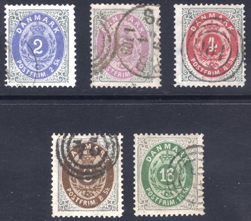 Denmark 1870 2sk-16sk Numeral Perf 14x13.5 Scott 16-20 VFU Cat $615