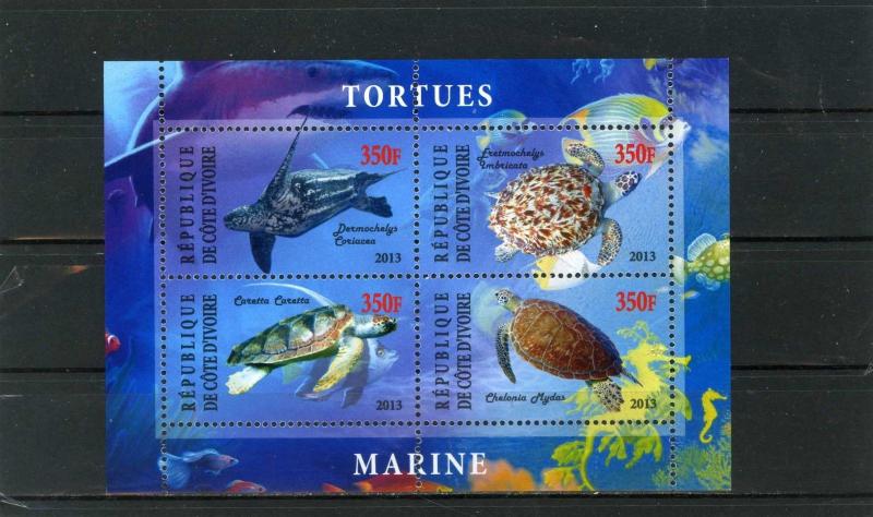 IVORY COAST 2013 TURTLES SHEET OF 4 STAMPS MNH 