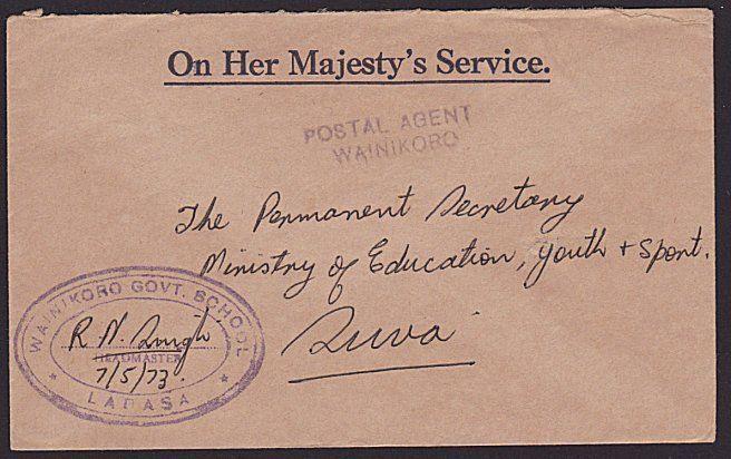 FIJI 1973 OHMS cover to Suva POSTAL AGENT / WAINIKORO handstamp.............5832