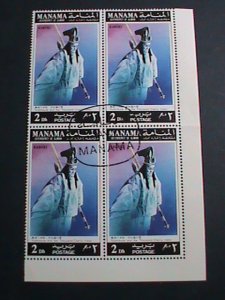 MANAMA STAMP- COLORFUL KABUKI JAPANESE   CHERRY TREE OPERA CTO BLOCK OF 4