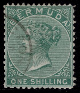 BERMUDA QV SG11, 1s green, USED. Cat £120. PERF 14 x 12½