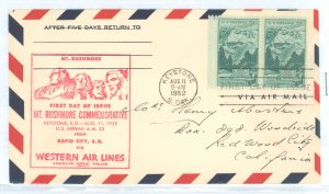 US 1011 1952 3c Mount Rushmore Memorial, FDC via Air Mail.