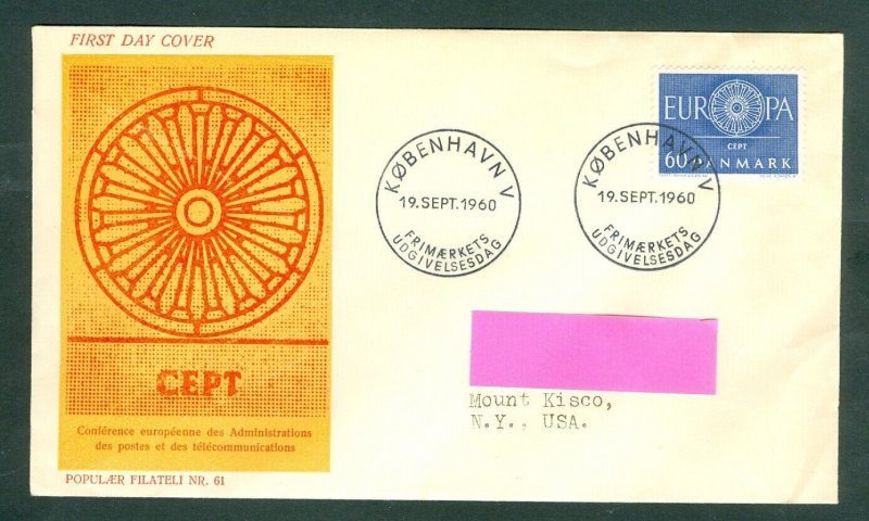 Denmark. FDC Cachet 1960. Europa I. Sc# 379. . Engraver: R. Achren. Adr. USA