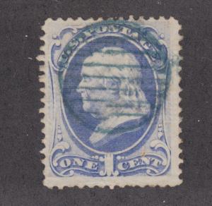 US Sc 134 used 1870 1c Franklin H Grill, green cancel, sound, F-VF