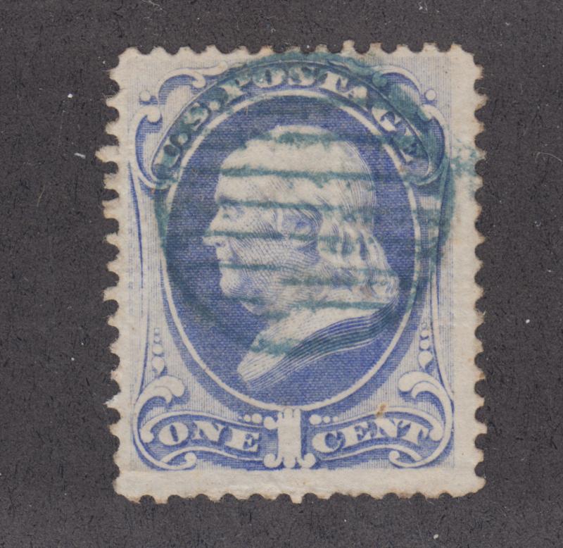 US Sc 134 used 1870 1c Franklin H Grill, green cancel, sound, F-VF