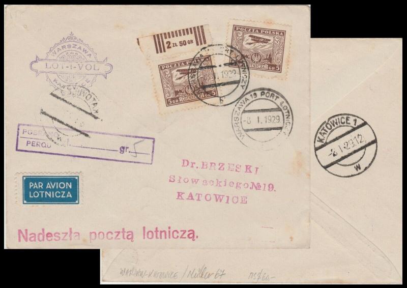 POLOGNE / POLAND 1929 (Jan 8) Scarce 1st Air Mail Flight Cover WARSAW-KATOWICE