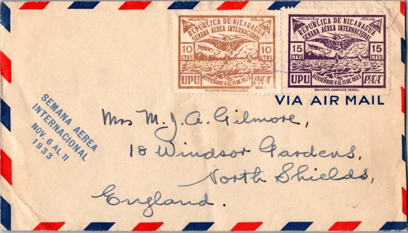 1933 Nicaragua Airmail Cover To Windsor Gardens North Shields England