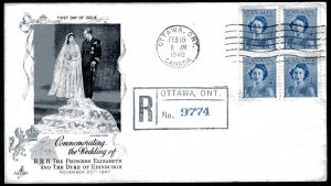 Canada 276 Princess Elizabeth Wedding block FDC Artcraft B cachet Feb 16, 1948