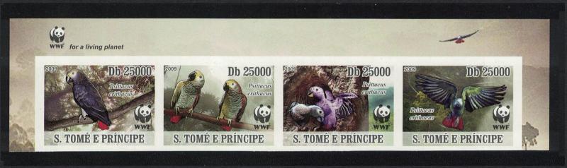 Sao Tome Birds WWF Grey Parrot Strip of 4 imperforated stamps WWF Logo