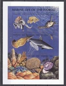 Tanzania, Scott cat. 1670 a-i. Marine Life sheet of 9.