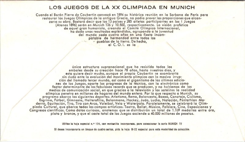 FDC Spain - Olympic Games Munich First Day of Issue 1972 - L41115