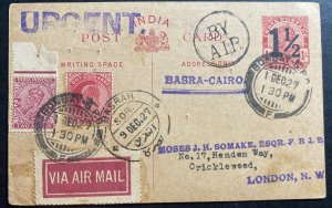 1927 Bombay India First Flight Airmail PC cover FFC To London England Via Cairo