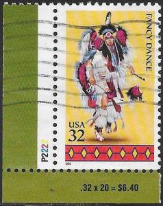 US 3072 Used - American Indian Dances - Fancy Dance - Plate Number Single