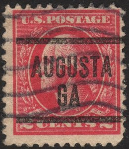1920 US, 2c, Washington, Used, Sc 528, Wavy line + Augusta precancel