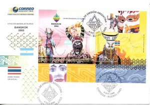 ARGENTINA 2003 WORLD PHILATELIC EXPO BANGKOK SOUVENIR SHEET ON FDC MASKS ART