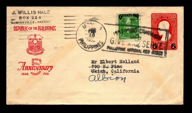 Philippines 1952 Uprated Cover to USA / Red Cross Slogan Cancel - L22592