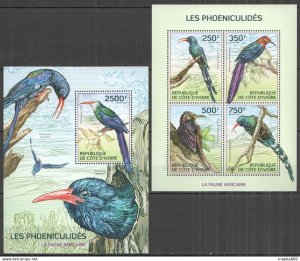 IC24 2014 IVORY COAST AFRICAN FAUNA BIRDS HOOPOES PHOENICULUS #1564-7+BL200 MNH