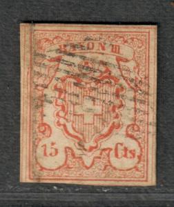 Switzerland Sc#13 2st#1 Used/VF, 4 Margins-Cert., Crease, Cv. $1150