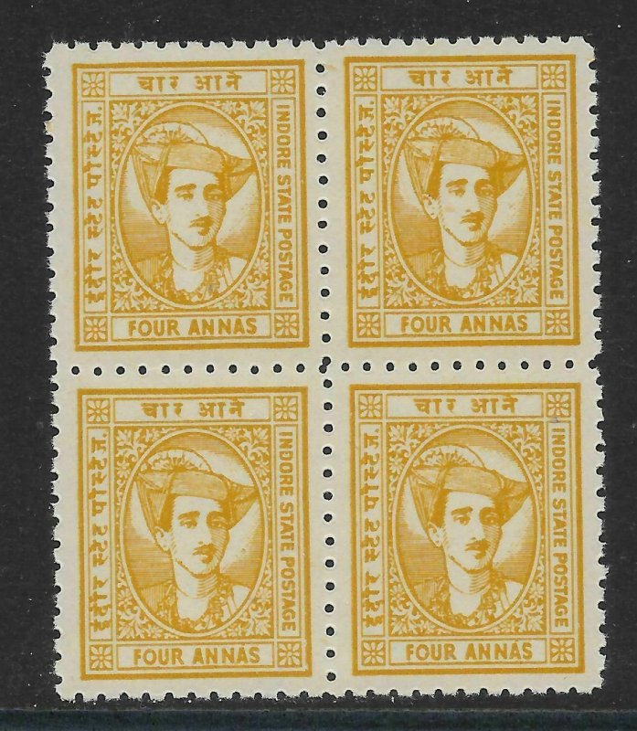 INDIA-INDORE SG41 1941 4a YELLOW-BROWN BLK OF 4 MNH