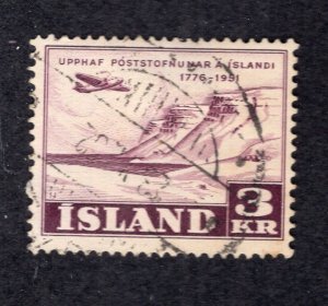 Iceland 1951 3k dark purple Postal Service, Scott 272 used, value = $4.25